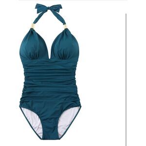 NEW V Neck 1 Pc Swimsuit Tummy Control Ruched Halter Bathing Suit XL